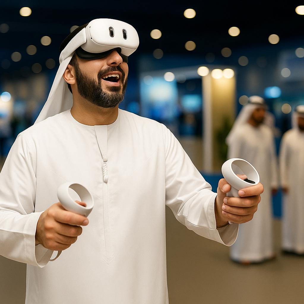 Emirati man wearing VR headset, immersed in virtual reality gaming experience, promoting VR game rental and development services by mirrorboothdubai.com in Dubai